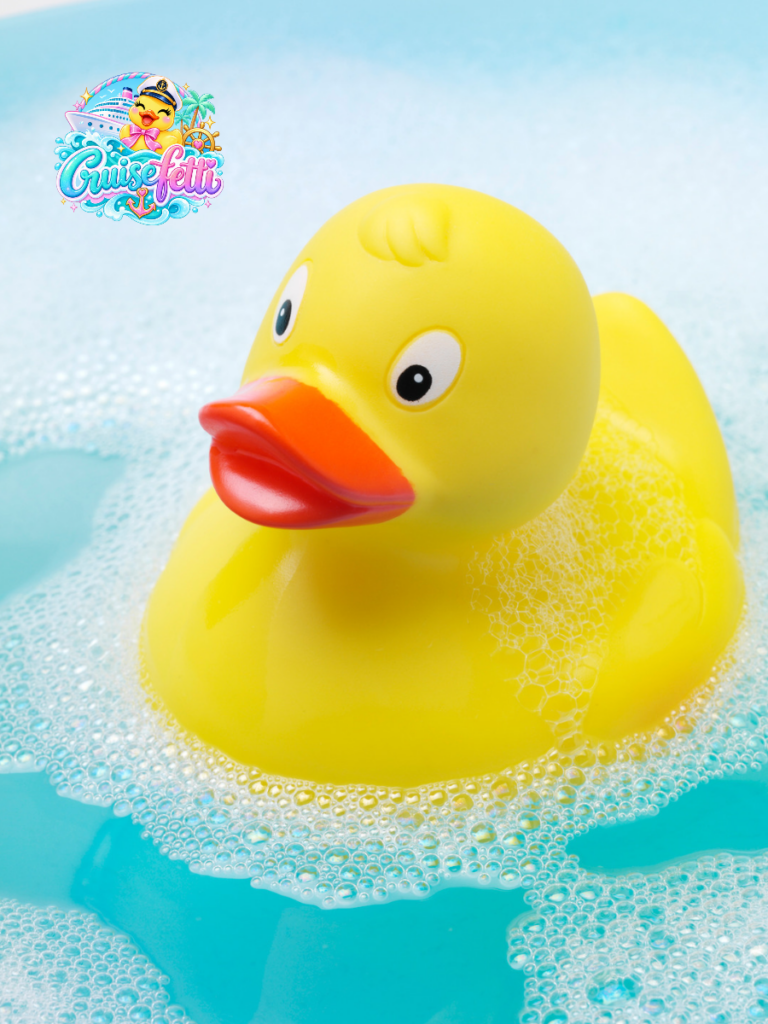 Cute rubber duckie in bubbly blue water.